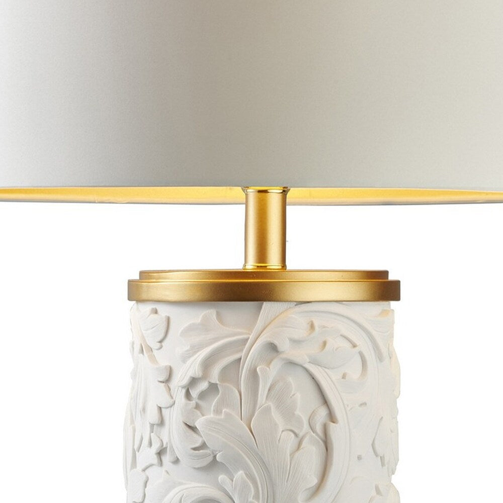 Table Lamp with Polyresin Base and Baroque Scroll Design, White