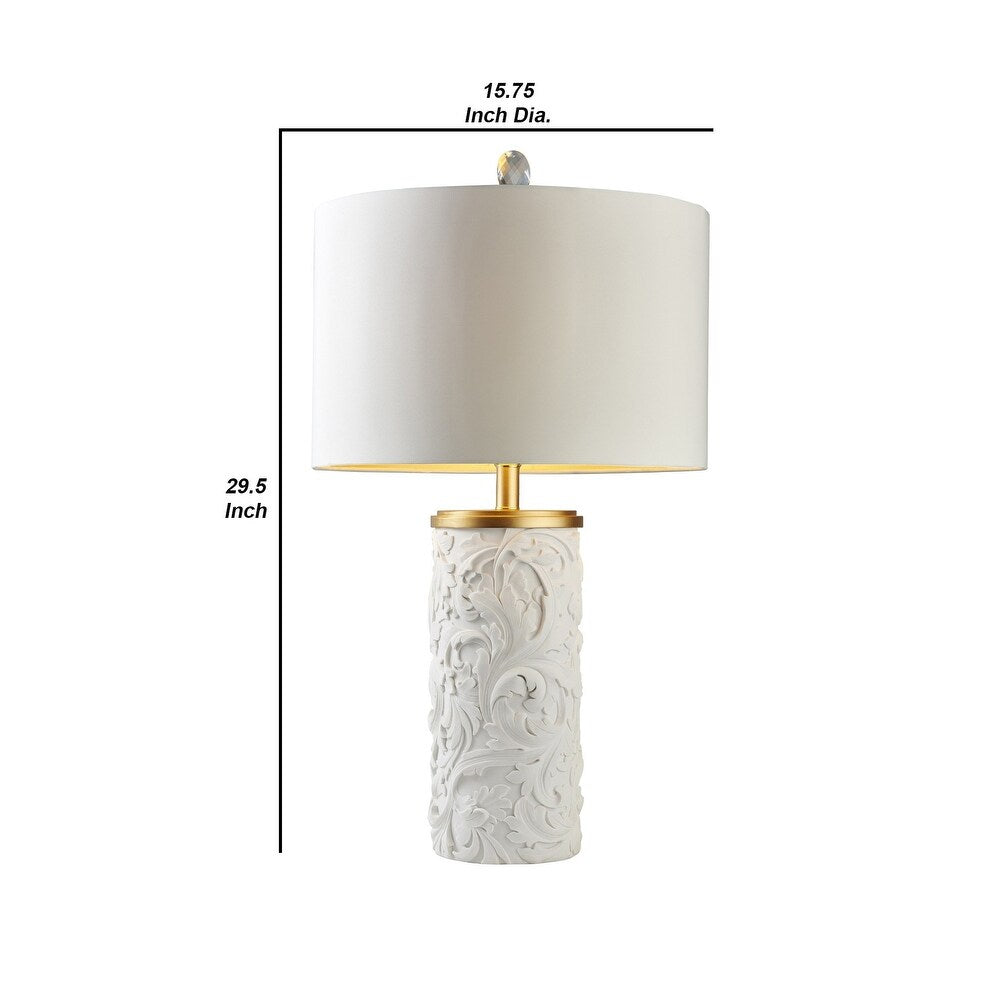 Table Lamp with Polyresin Base and Baroque Scroll Design, White