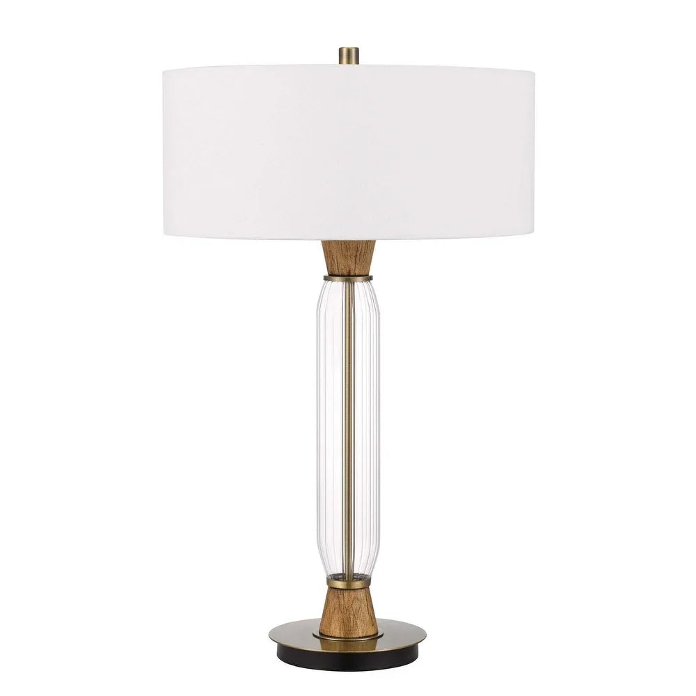 Table Lamp with Wood and Glass Accent Base, White and Brown