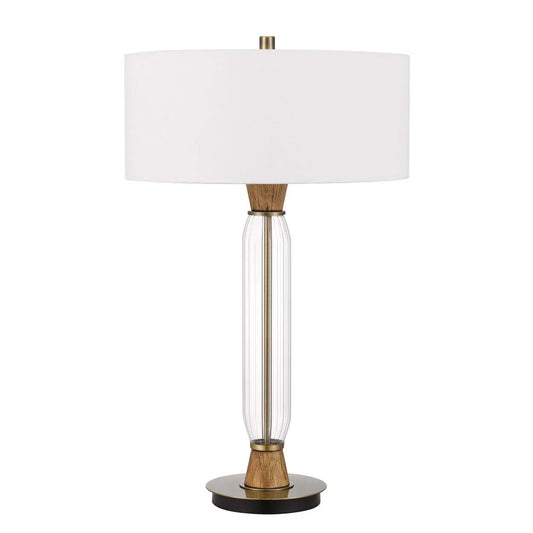 Table Lamp with Wood and Glass Accent Base, White and Brown