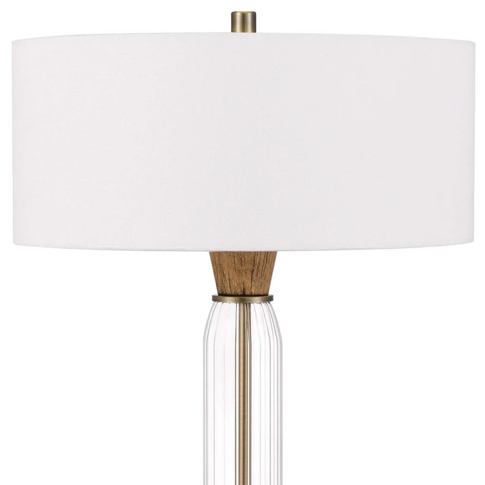 Table Lamp with Wood and Glass Accent Base, White and Brown