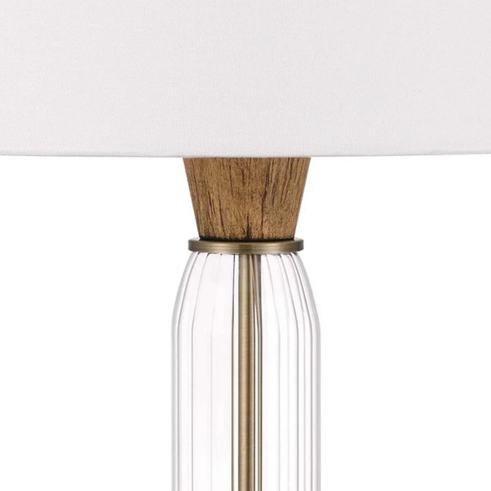 Table Lamp with Wood and Glass Accent Base, White and Brown