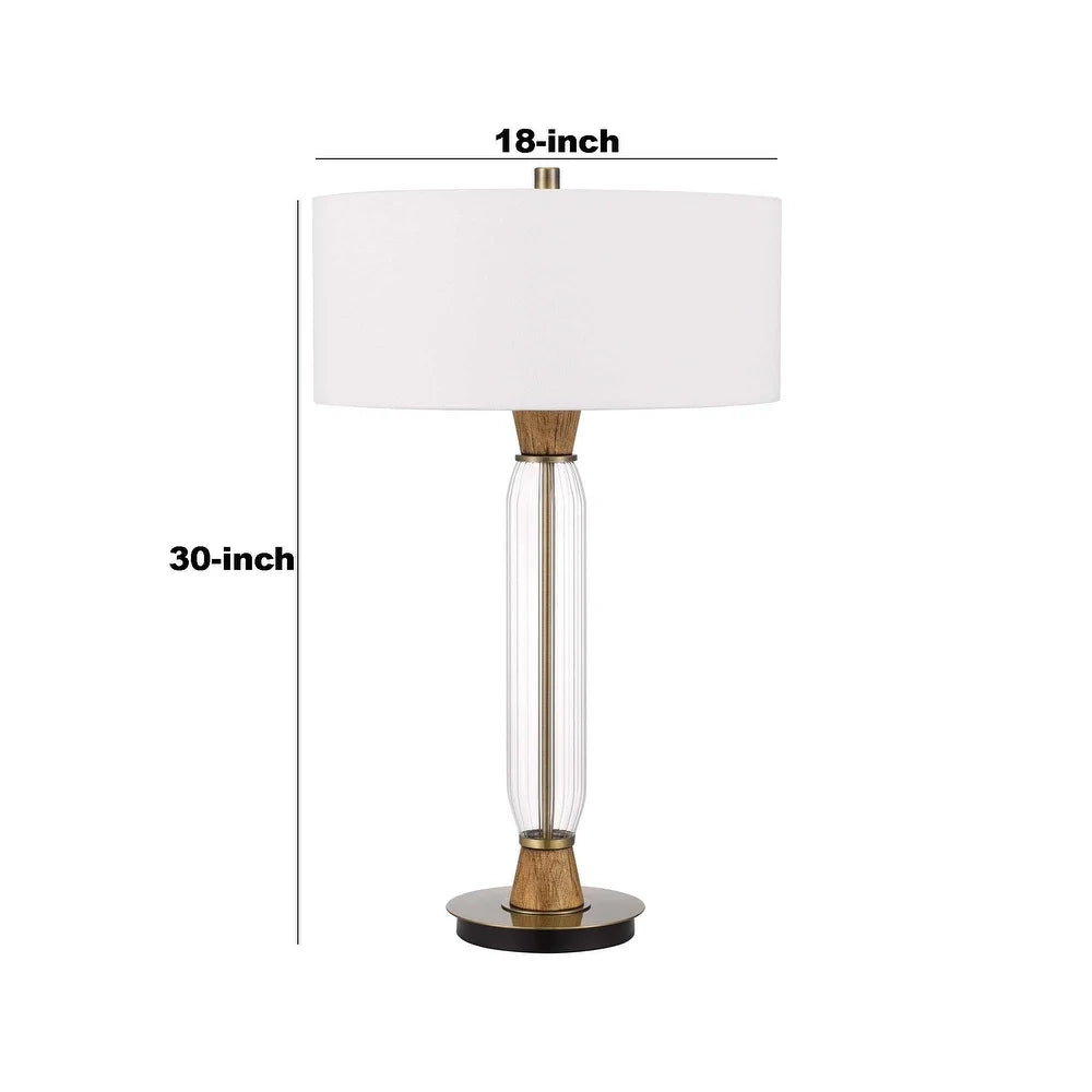 Table Lamp with Wood and Glass Accent Base, White and Brown