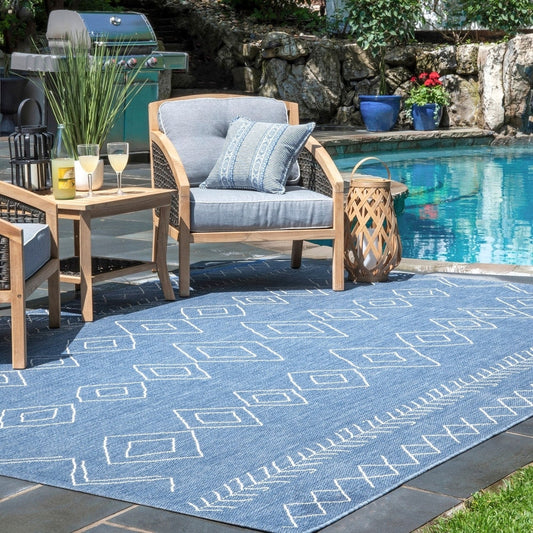 Moroccan Tribal Accent Blue Indoor/Outdoor Area Rugs - Durable/Easy Maintenance