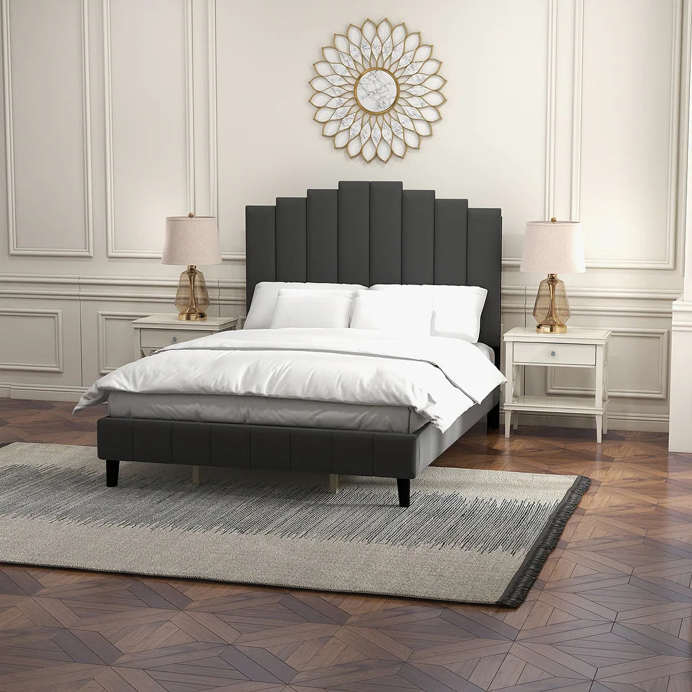 Tufted Upholstered Platform Bed with Sturdy Center Legs and Elegant Headboard for Bedroom