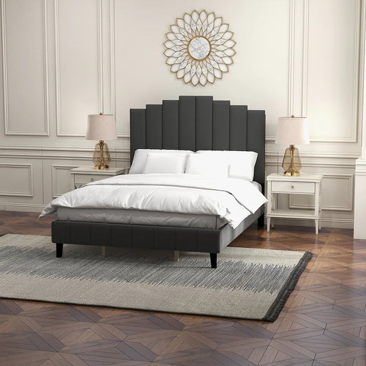 Tufted Upholstered Platform Bed with Sturdy Center Legs and Elegant Headboard for Bedroom