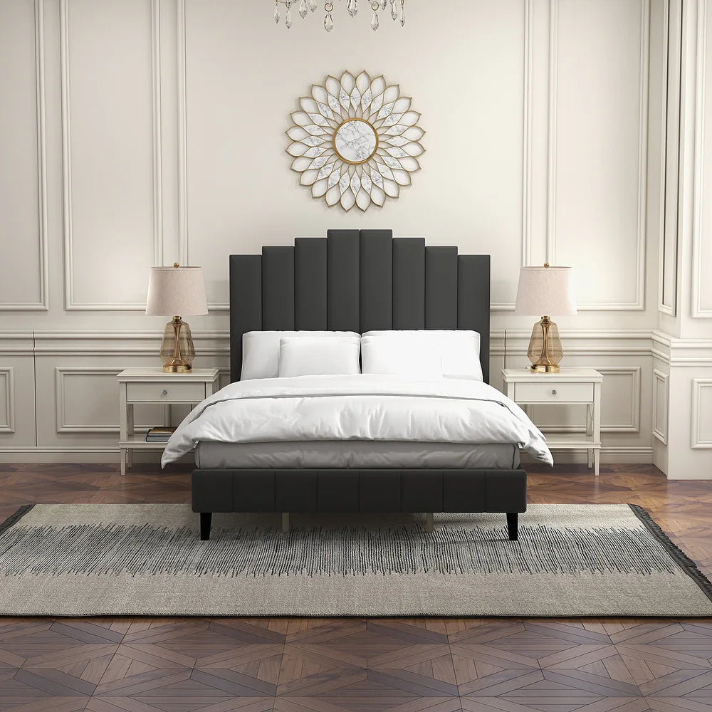 Tufted Upholstered Platform Bed with Sturdy Center Legs and Elegant Headboard for Bedroom