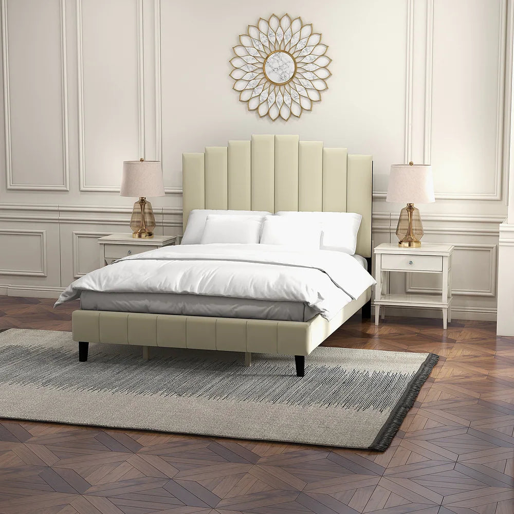 Tufted Upholstered Platform Bed with Sturdy Center Legs and Elegant Headboard for Bedroom