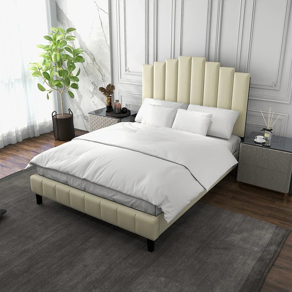 Tufted Upholstered Platform Bed with Sturdy Center Legs and Elegant Headboard for Bedroom