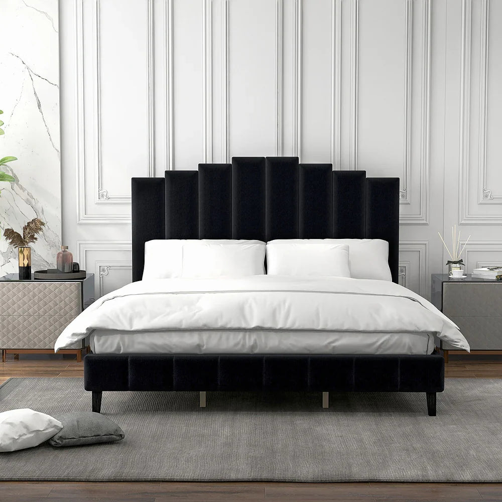 Tufted Upholstered Platform Bed with Sturdy Center Legs and Elegant Headboard for Bedroom