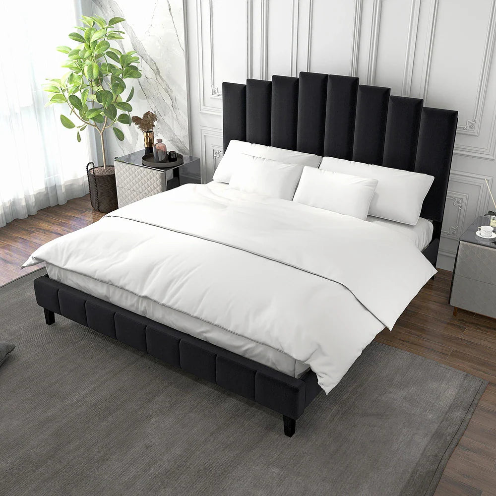 Tufted Upholstered Platform Bed with Sturdy Center Legs and Elegant Headboard for Bedroom