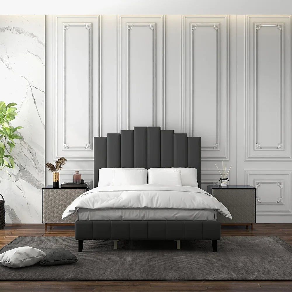 Tufted Upholstered Platform Bed with Sturdy Center Legs and Elegant Headboard for Bedroom