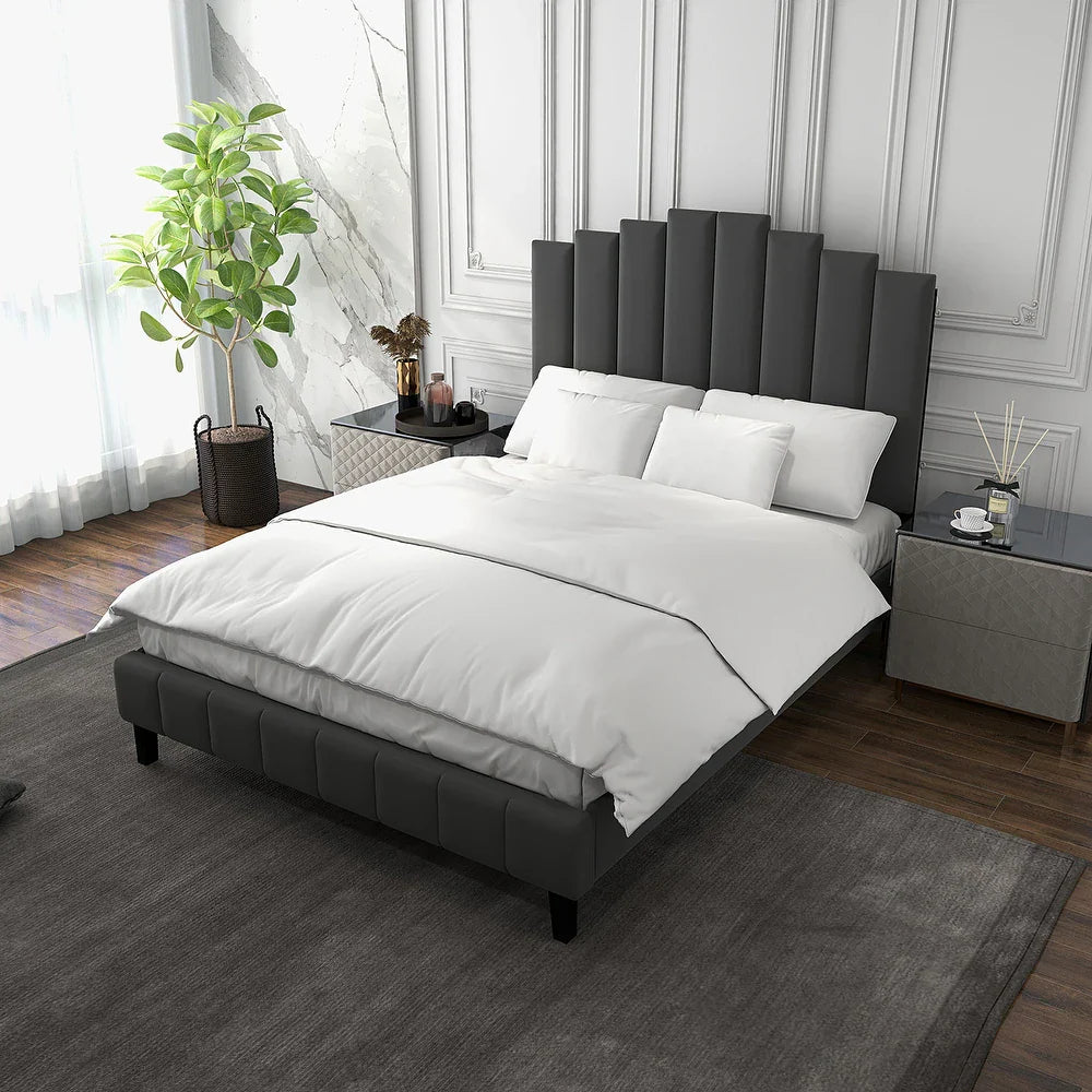 Tufted Upholstered Platform Bed with Sturdy Center Legs and Elegant Headboard for Bedroom