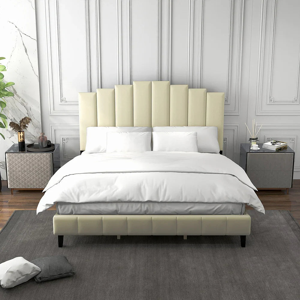 Tufted Upholstered Platform Bed with Sturdy Center Legs and Elegant Headboard for Bedroom