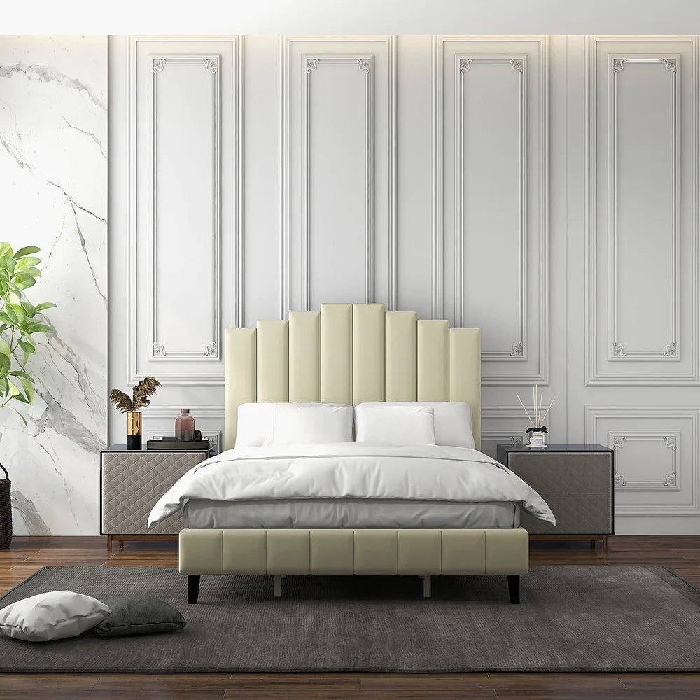 Tufted Upholstered Platform Bed with Sturdy Center Legs and Elegant Headboard for Bedroom