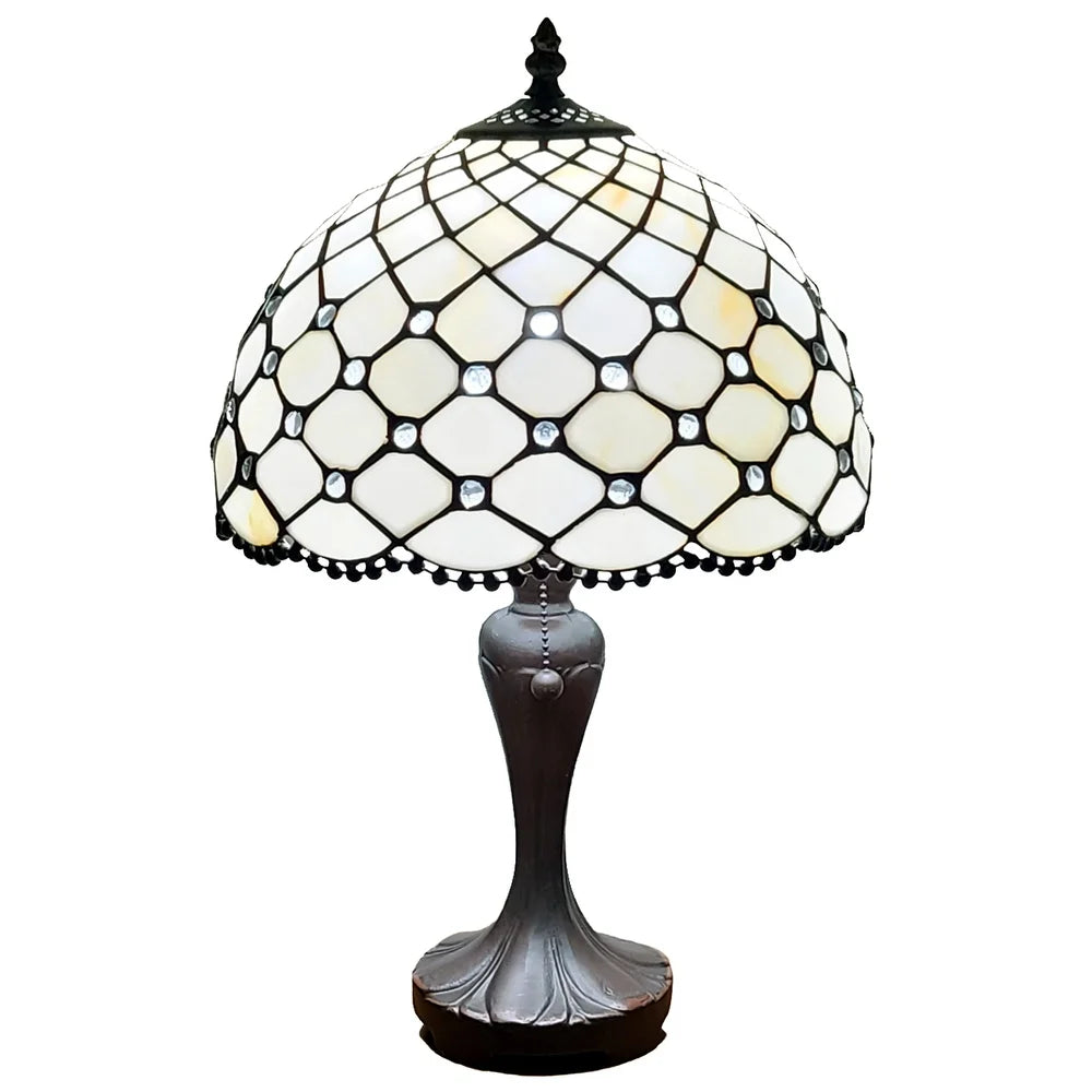 Tiffany Style Table Lamp Jeweled Beaded 19" Tall Stained Glass White Stains Bedroom Office Handmade AM120TL12B Amora Lighting