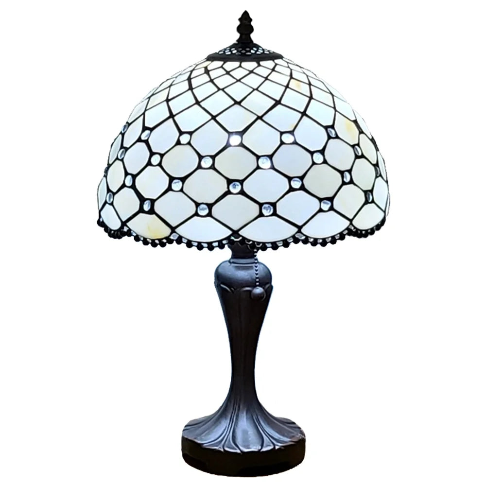 Tiffany Style Table Lamp Jeweled Beaded 19" Tall Stained Glass White Stains Bedroom Office Handmade AM120TL12B Amora Lighting