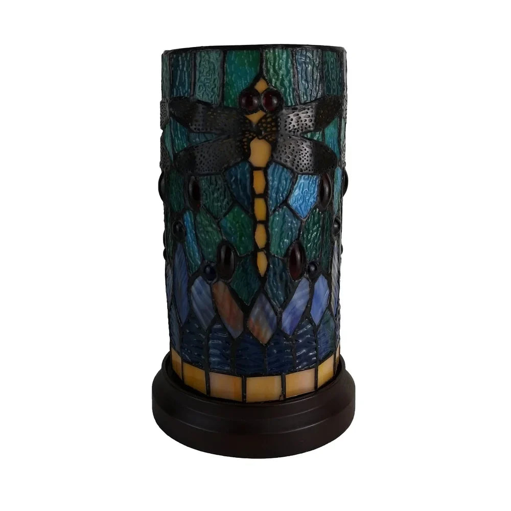 Tiffany Style Accent Lamp 10" Tall Stained Glass Dragonfly Floral Nightstand Living Room Bedroom Gift AM270ACCB Amora Lighting