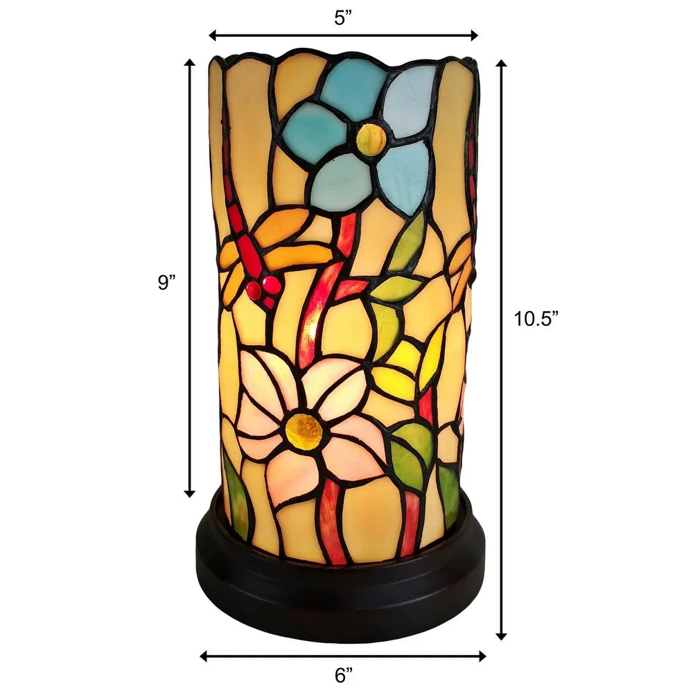 Tiffany Style Accent Lamp 10" Tall Stained Glass White Dragonfly Floral Living Room Bedroom Gift Amora Lighting