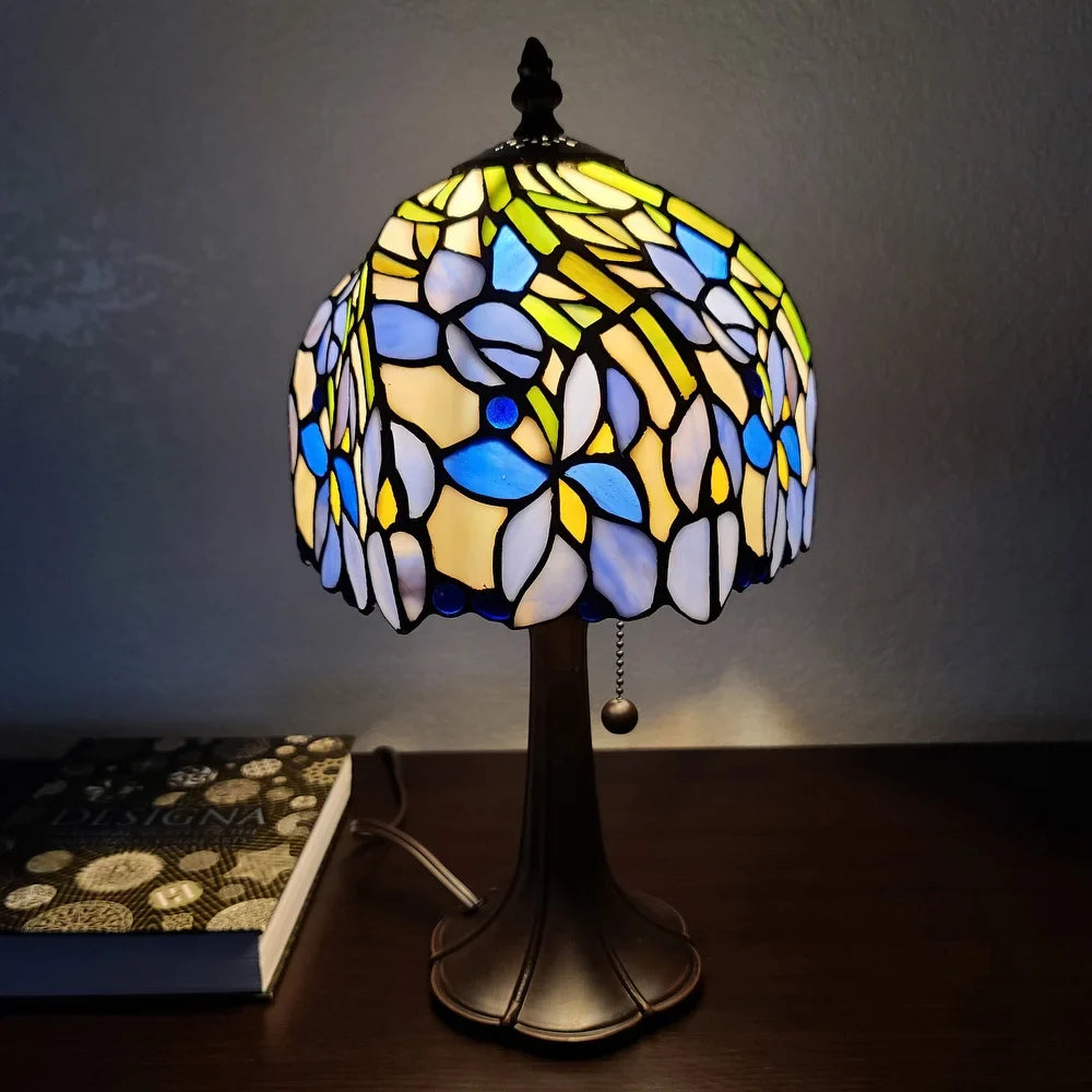 Tiffany Style Mini Accent Lamp 15" Tall Stained Glass Purple Floral Iris Flower Bedroom Handmade Gift AM1076TL08B Amora Lighting