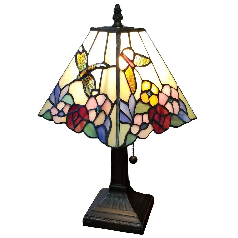 Tiffany Style Mini Accent Lamp Mission 15" Tall Stained Glass Flower Hummingbird Butterfly Handmade AM248TL08B Amora Lighting