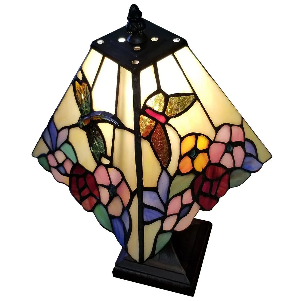 Tiffany Style Mini Accent Lamp Mission 15" Tall Stained Glass Flower Hummingbird Butterfly Handmade AM248TL08B Amora Lighting