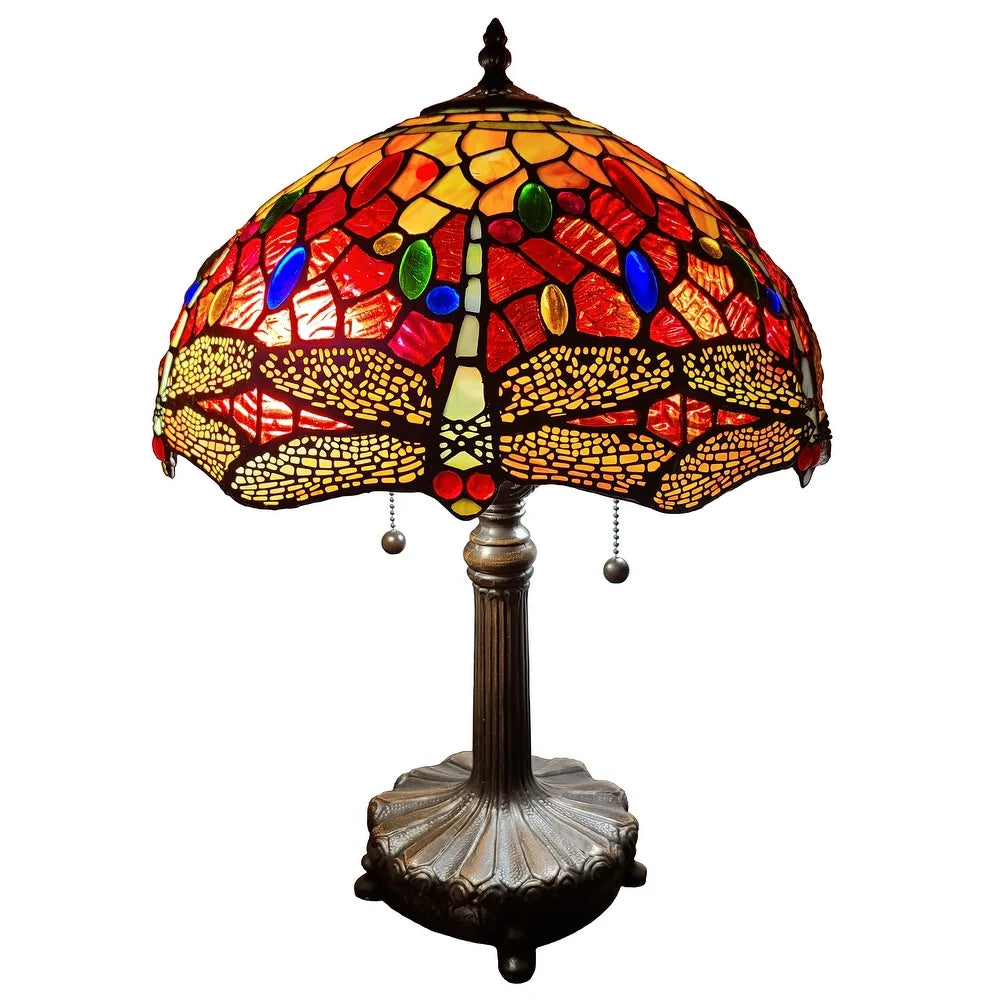 Tiffany Style Table Lamp 18.5" Tall Stained Glass Dragonfly Nightstand Bedroom Handmade