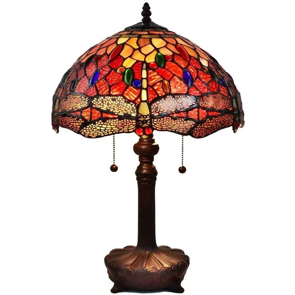 Tiffany Style Table Lamp 18.5" Tall Stained Glass Dragonfly Nightstand Bedroom Handmade