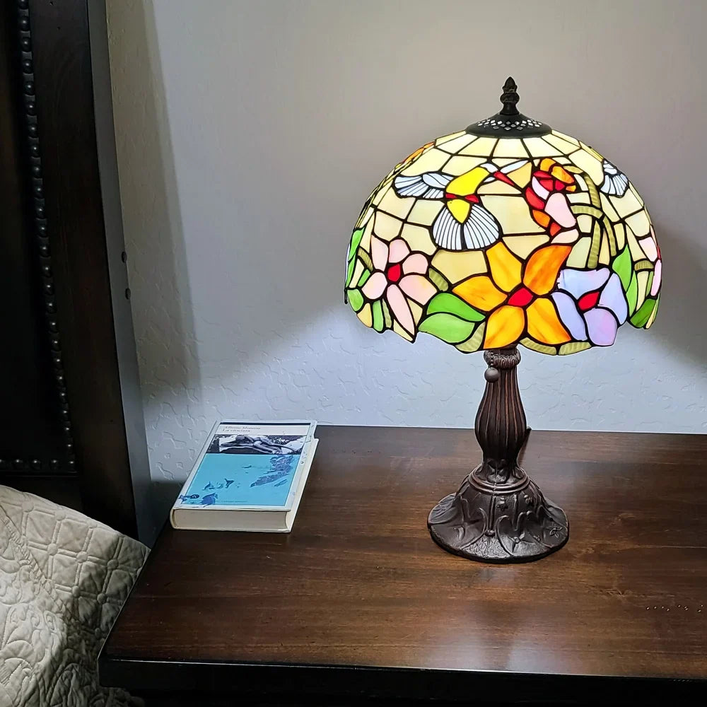 Tiffany Style Table Lamp 19" Tall Stained Glass Floral Hummingbird Decor Bedroom Office Handmade AM1112TL12B Amora Lighting