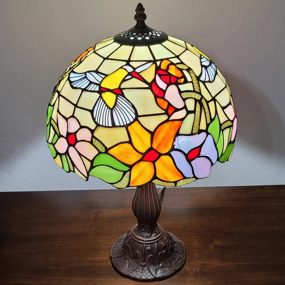 Tiffany Style Table Lamp 19" Tall Stained Glass Floral Hummingbird Decor Bedroom Office Handmade AM1112TL12B Amora Lighting