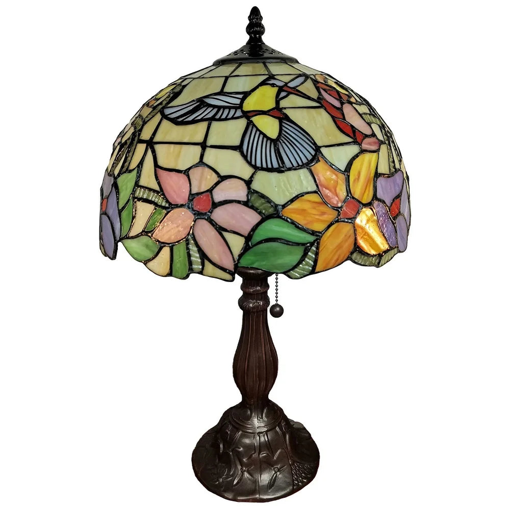 Tiffany Style Table Lamp 19" Tall Stained Glass Floral Hummingbird Decor Bedroom Office Handmade AM1112TL12B Amora Lighting