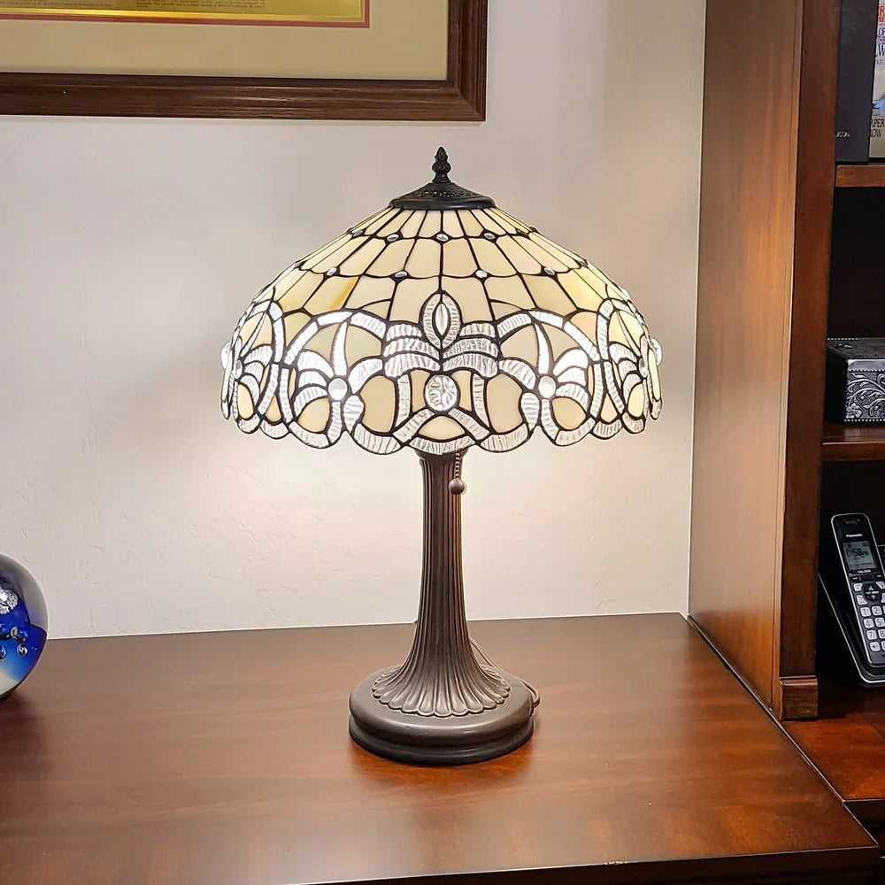 Tiffany Style Table Lamp 24" Tall Stained Glass White Grey Jeweled Beads Decor Bedroom Handmade Gift AM293TL16B Amora Lighting