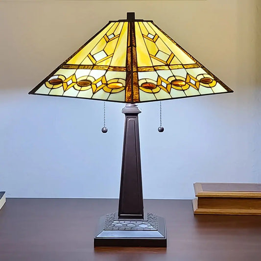 Tiffany Style Table Lamp Banker Mission 22" Tall Stained Glass Ivory Brown Amora Lighting