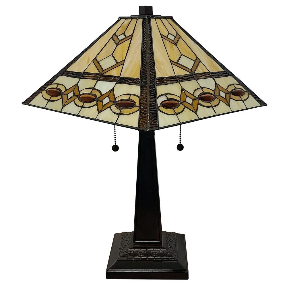 Tiffany Style Table Lamp Banker Mission 22" Tall Stained Glass Ivory Brown Amora Lighting