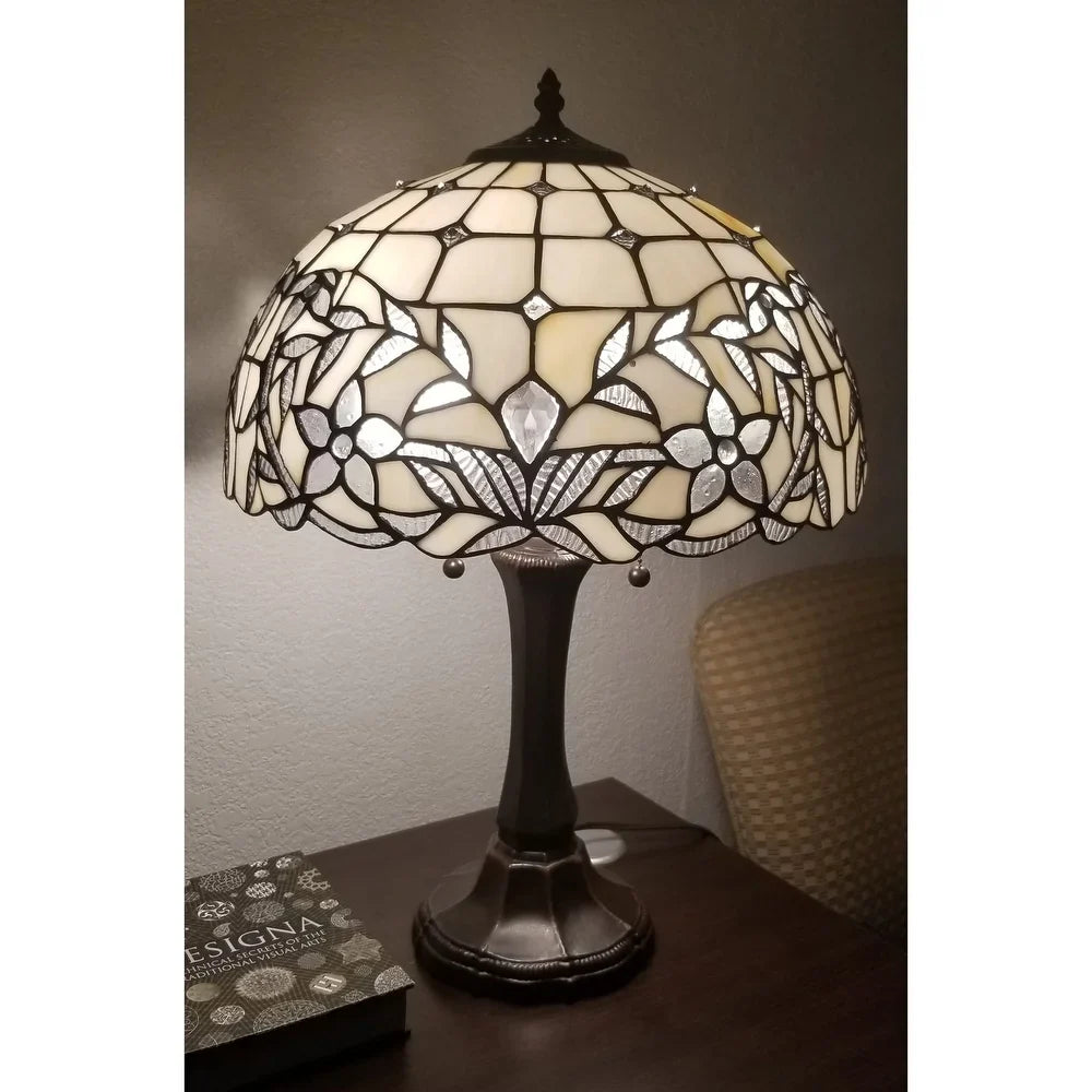 Tiffany Style Table Lamp Jeweled 23" Tall Stained Glass White Night Stand Decor Bedroom Handmade Gift Amora Lighting