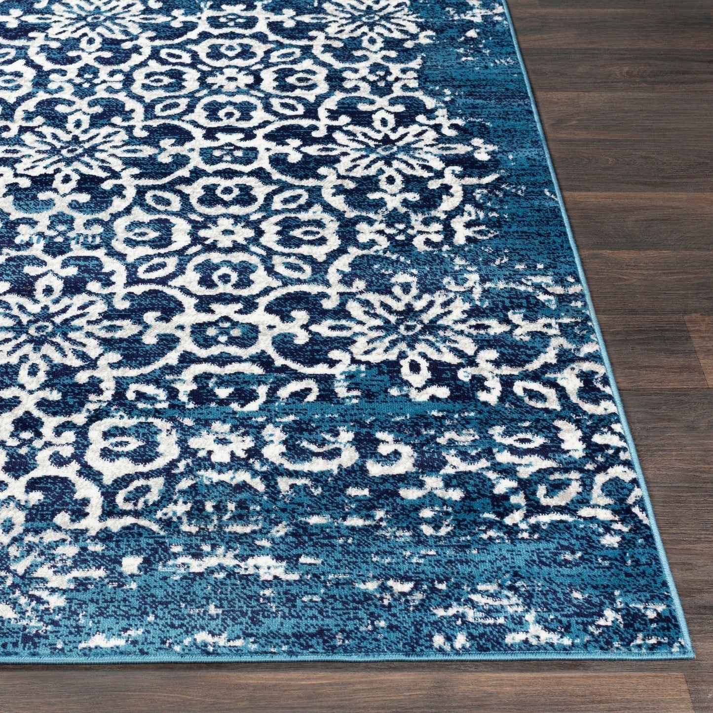 Vintage Damask Navy Blue White Area Rug