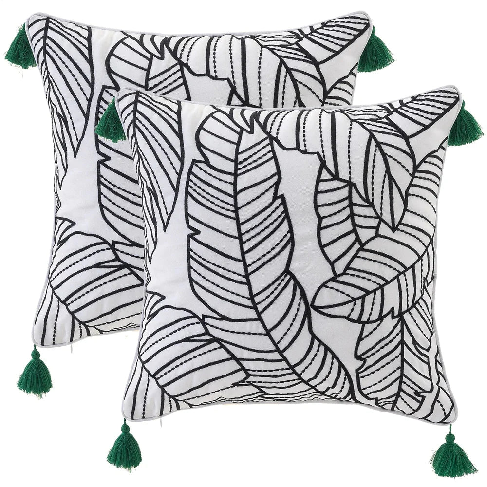 Tropical Leaves Embroidered Outdoor Pillow Cover 17"X 17" Set of 2