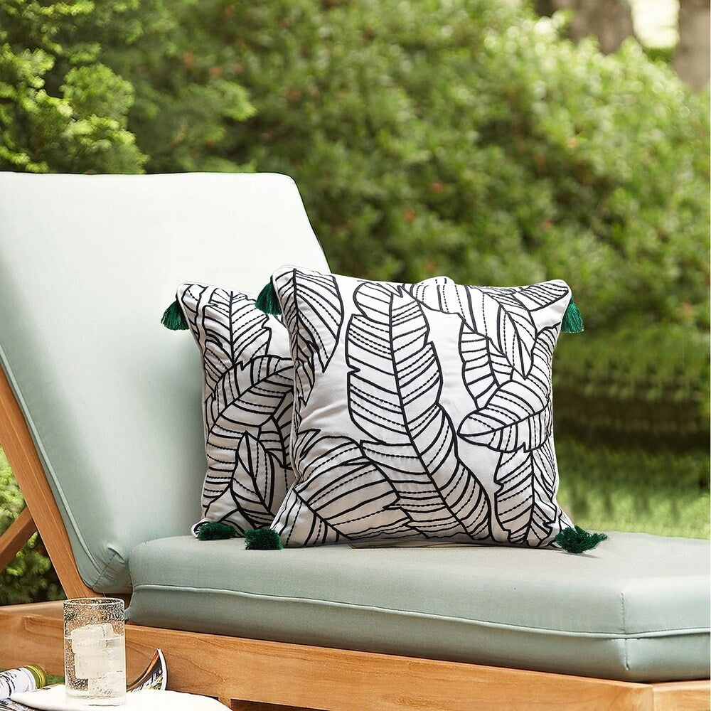 Tropical Leaves Embroidered Outdoor Pillow Cover 17"X 17" Set of 2