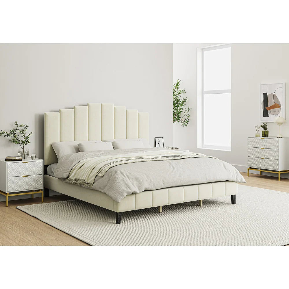 Tufted Upholstered Platform Bed with Sturdy Center Legs and Elegant Headboard for Bedroom