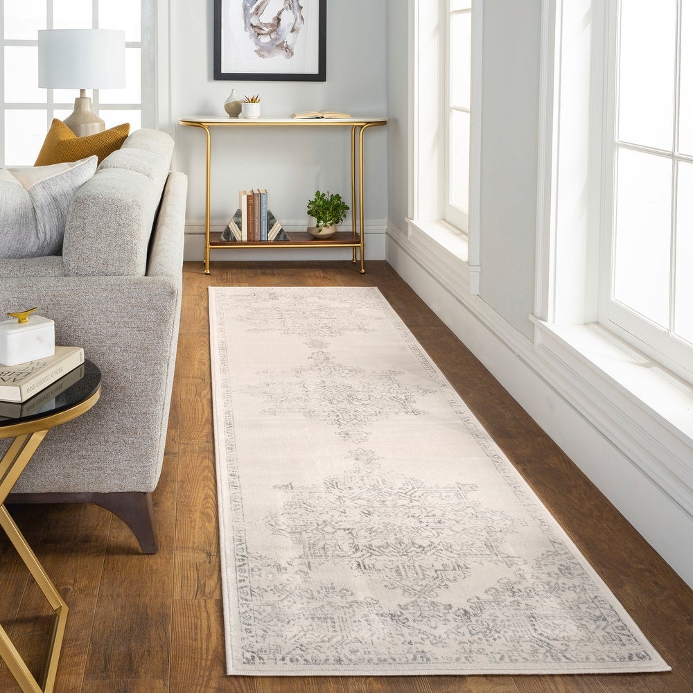 Saray Distressed Medallion Soft Area Rug - Ivory/Grey