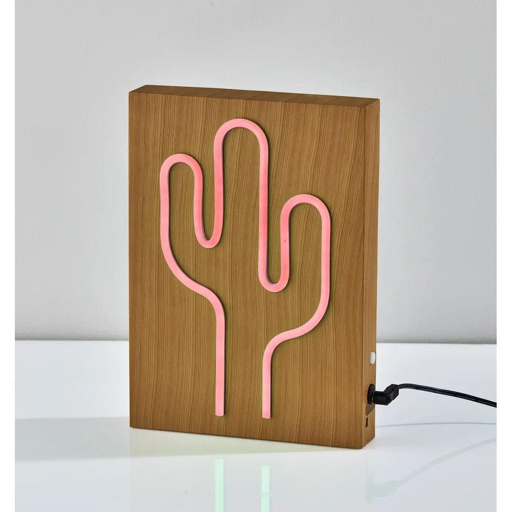 Wood Framed Neon LED Cactus Table or Wall Lamp