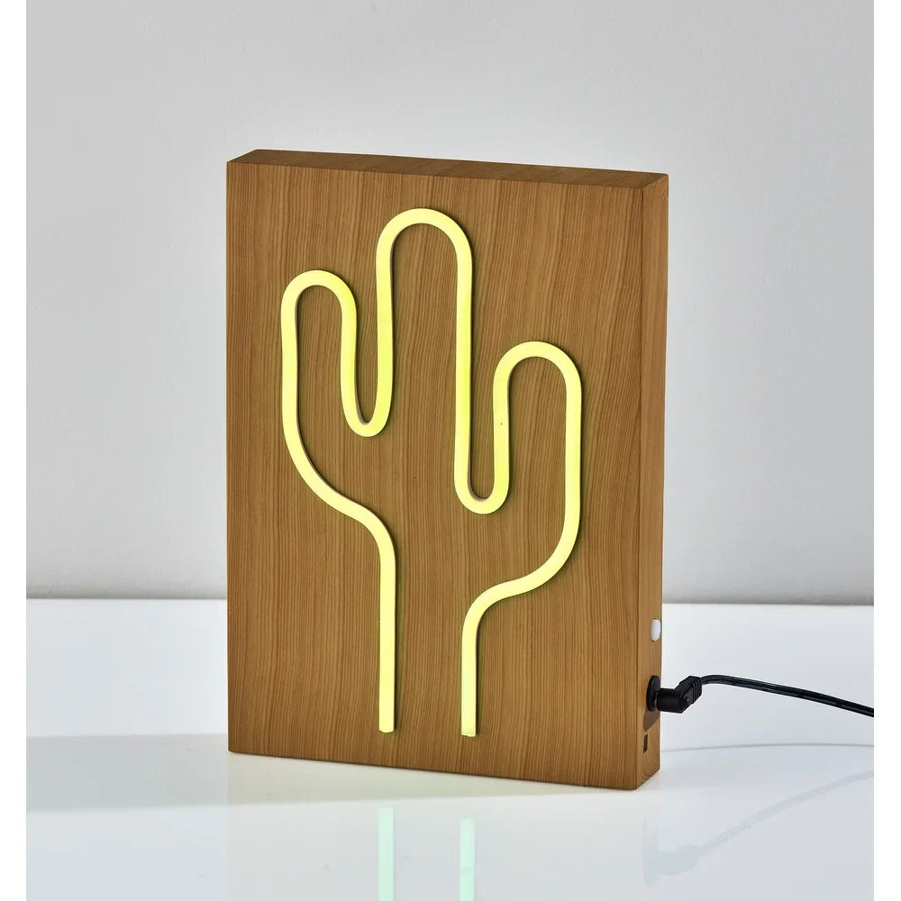 Wood Framed Neon LED Cactus Table or Wall Lamp