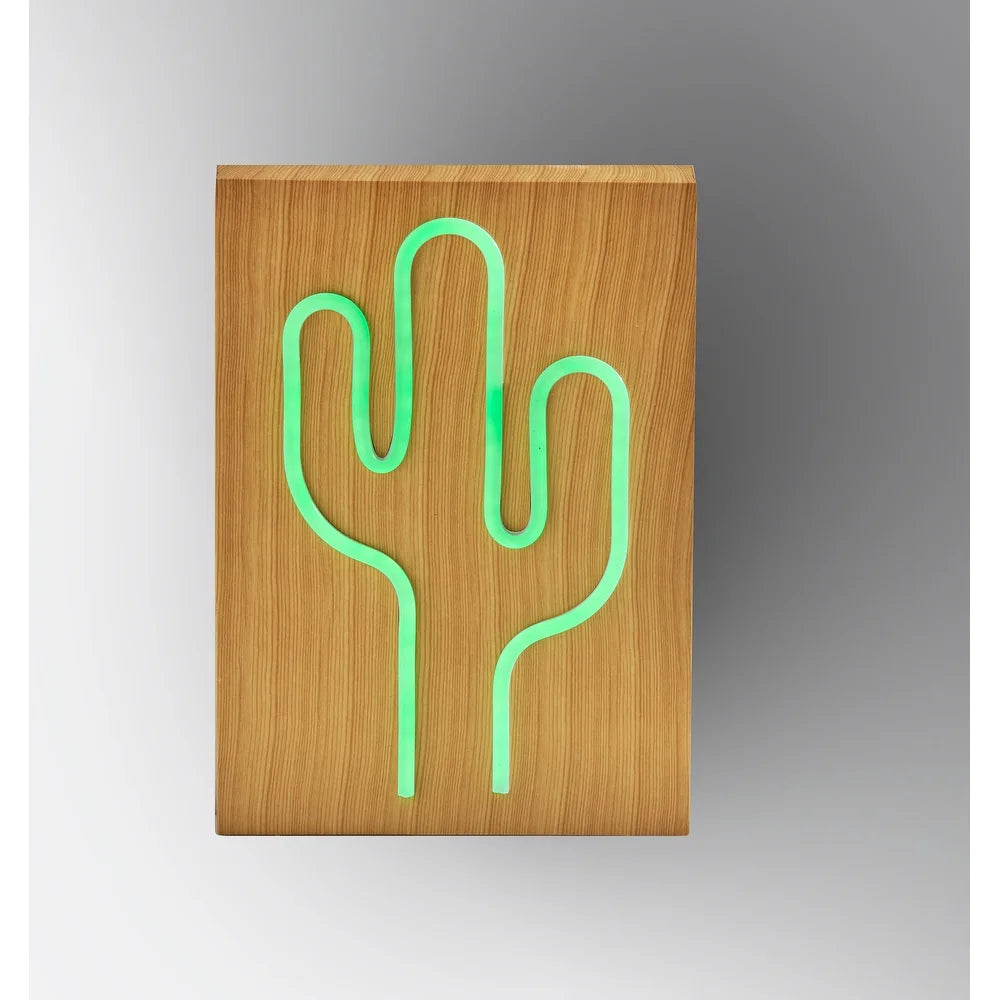 Wood Framed Neon LED Cactus Table or Wall Lamp