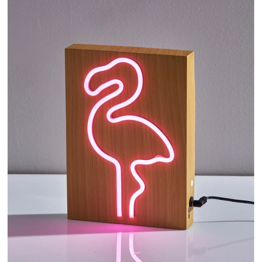 Wood Framed Neon LED Pink Flamingo Table or Wall Lamp