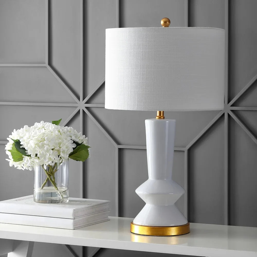 Zhou 27" Ceramic/Iron Contemporary Glam LED Table Lamp, White/Brass Gold