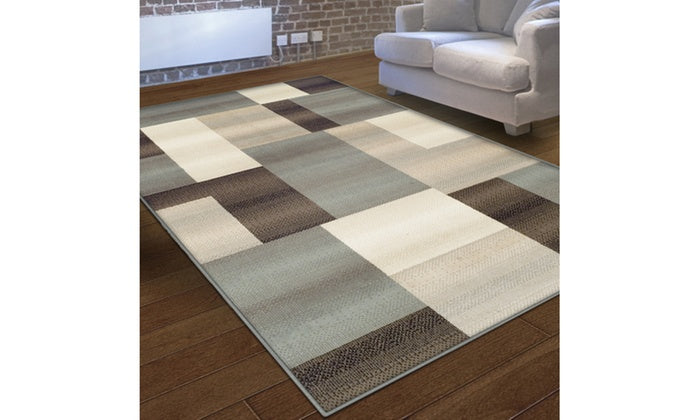 Rectangular Boxes Pattern Ivory Blue Tan Area Rug