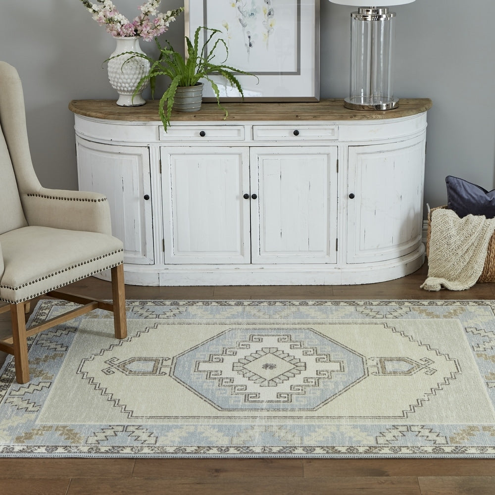 Anatolia Wool Blend Traditional Medallion Soft Area Rug Light Blue