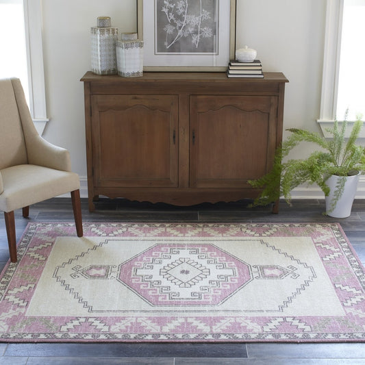 Anatolia Wool Blend Traditional Medallion Soft Area Rug Pink